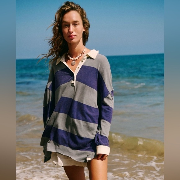 NWT We The Free Taylee Striped Polo M Navy Combo